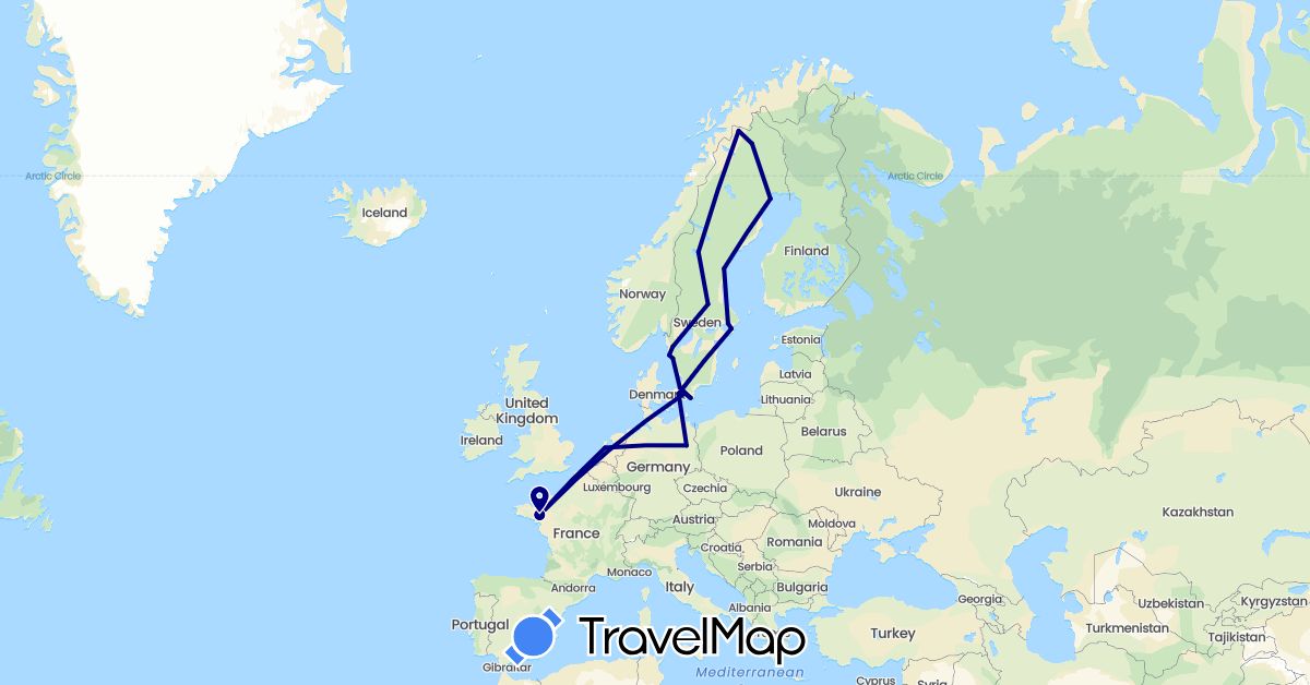 TravelMap itinerary: driving in Germany, Denmark, France, Netherlands, Sweden (Europe)