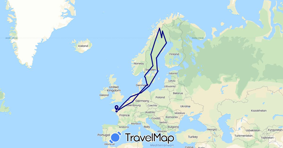 TravelMap itinerary: driving in Germany, Denmark, France, Netherlands, Sweden (Europe)